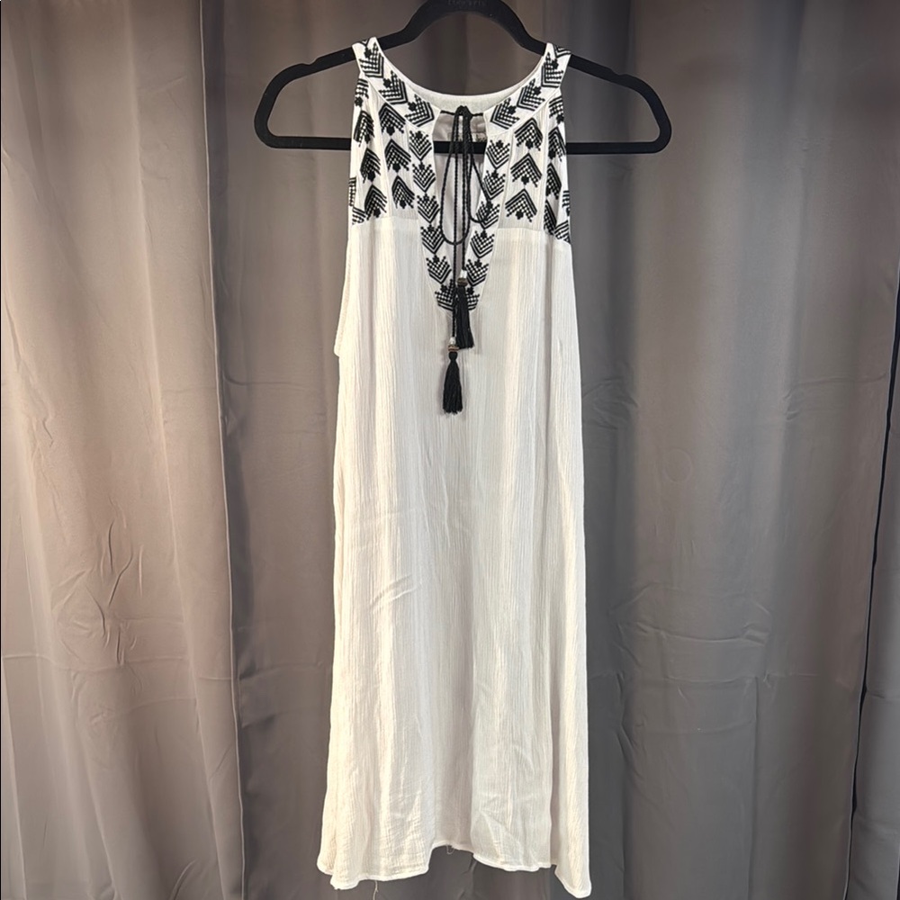White Sleeveless Dress with Black Embroidery